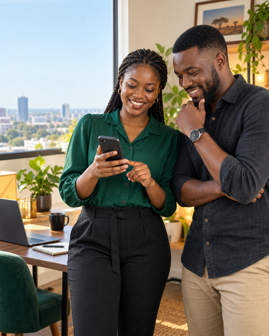 Two Zambian adults looking at a smartphone